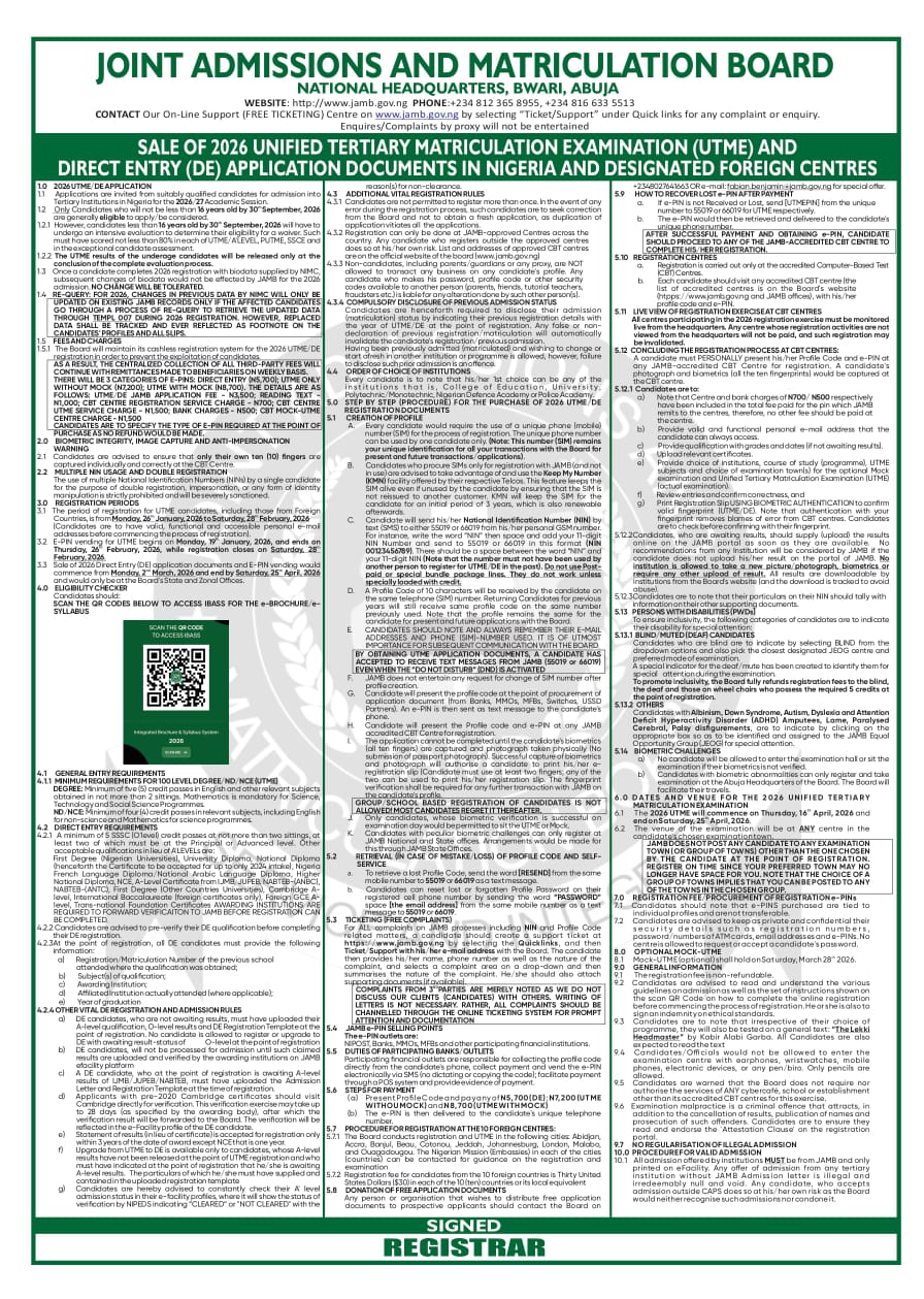 JAMB Begins Sale of 2026 UTME, Direct Entry Forms January 26, Announces Registration and Examination Dates JAMB Begins Sale of 2026 UTME, Direct Entry Forms January 26, Announces Registration and Examination Dates