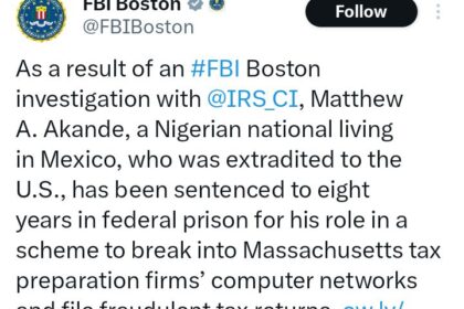 Mathew Akande Extradited from Mexico Sentenced to Eight Years in U.S. Prison for .1 Million Tax Fraud Scheme Mathew Akande Extradited from Mexico Sentenced to Eight Years in U.S. Prison for .1 Million Tax Fraud Scheme