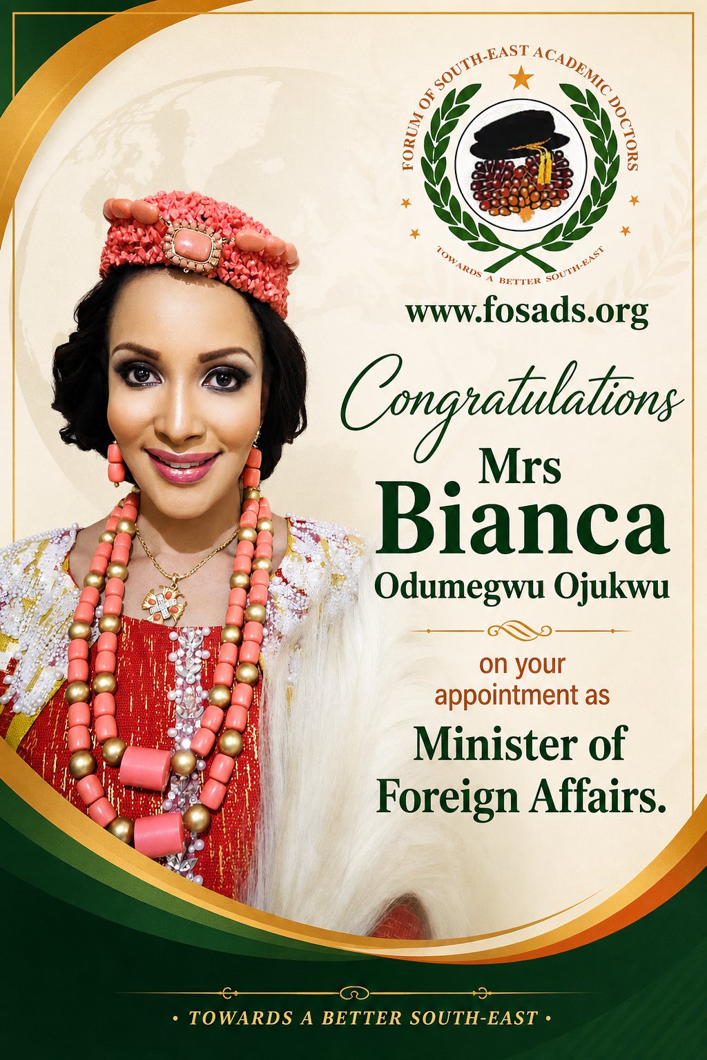 FOSAD Congratulates Bianca Odumegwu Ojukwu, Urges her to address Xenophobic attacks on Nigerians in South Africa