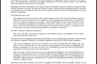 2027: NDC Accuses INEC of Replacing Its Candidates With Unauthorised Names