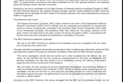 2027: NDC Accuses INEC of Replacing Its Candidates With Unauthorised Names 2027: NDC Accuses INEC of Replacing Its Candidates With Unauthorised Names