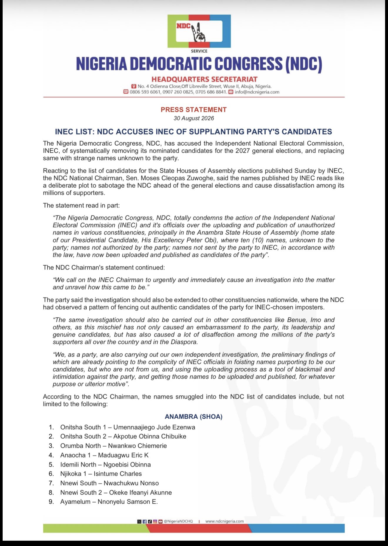 2027: NDC Accuses INEC of Replacing Its Candidates With Unauthorised Names