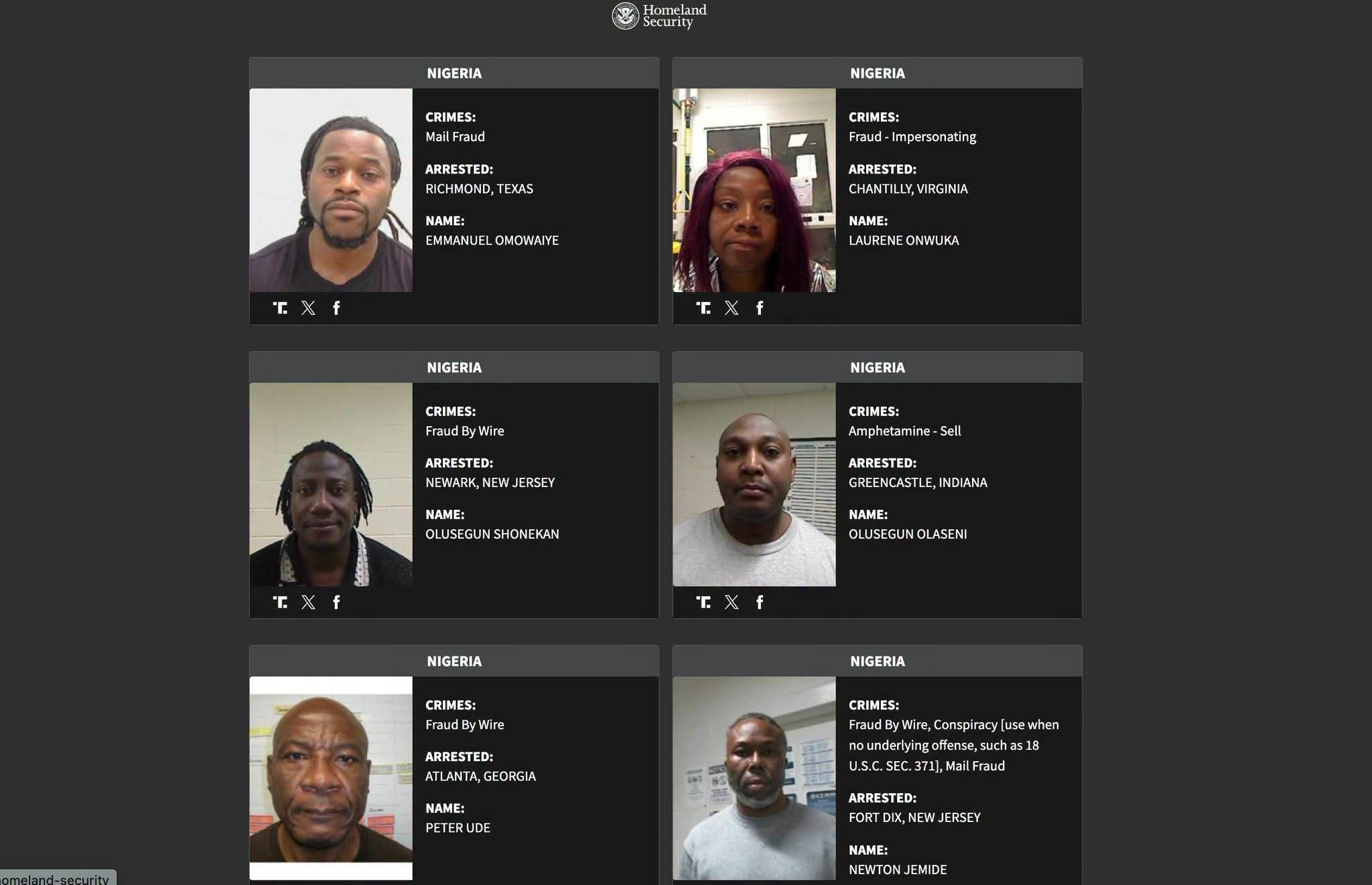 US Releases Names, Photos of 24 Nigerians Arrested Over Alleged Criminal Offences