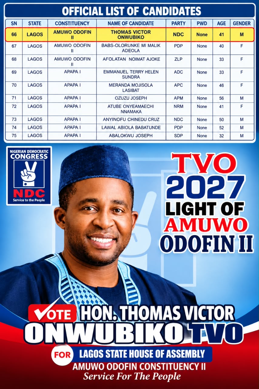 Amuwo-Odofin Voters Rejoice as INEC Lists Thomas Victor Onwubiko as NDC Candidate for 2027 Assembly Election